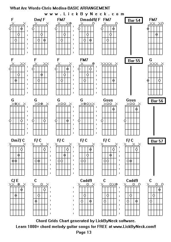 Chord Grids Chart of chord melody fingerstyle guitar song-What Are Words-Chris Medina-BASIC ARRANGEMENT,generated by LickByNeck software.